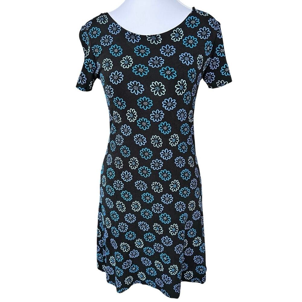 Vintage Black Blue Floral Mini Dress S Y2K minimalist late-90s flower power